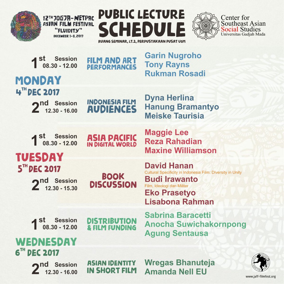 pamityang2an's tweet photo. [PUBLIC LECTURE] @JAFFJogja  
Bertempat di Ruang Seminar Lt.2 Perpustakaan Pusat UGM
.
Public Lecture terbuka untuk mahasiswa &amp; umum dan GRATIS.
.
#JogjaNetpacAsianFilmfestival #JAFF #JAFFJogja #JAFF12 #JAFF2017 #Fluidity #PublicLecture #DesemberkeJogja https://t.co/vElVAjOKt7