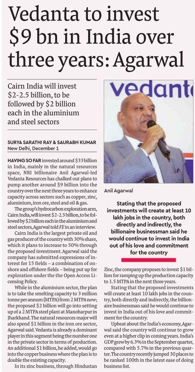 AnkitDewan2's tweet photo. Our commitment to enhance contribution of Metals, Minerals and Oil & Gas in county’s GDP from 2% to 7%. #growthforeveryone
Read the excerpt from latest interview of Chairman in Financial Express. @AnilAgarwal_Ved https://t.co/XWBtrPTc37