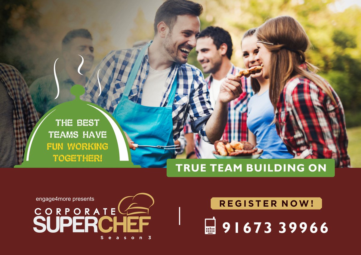 corpsuperchef's tweet photo. Enjoy yourselves and the work goes smoother.  Fun and food at #CSCSeason3. For registration details, call 9167339966 or write to mukul.mehta@engage4more.com.
@corpsuperchef  an initiative by @engage4more , India's leading employee engagement company. https://t.co/w6xbUZmwHV