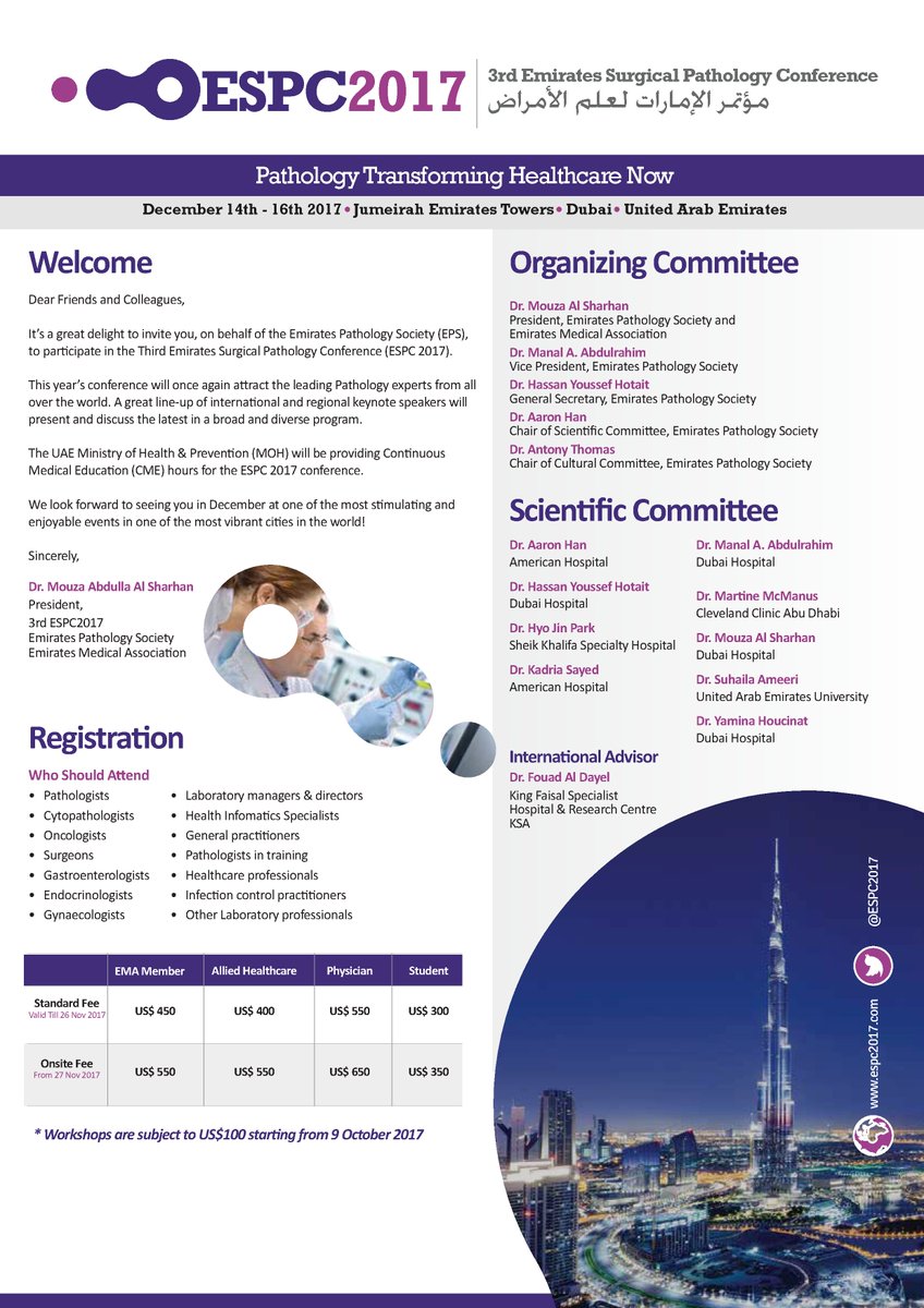 UaeEma's tweet photo. Don't miss out, Register now! https://t.co/ALy23TJ2j5 #espc17 #pathology #pathologyUAE #cme #cpd #continuingmedicaleducation #eventsuae #conference #uae #workshop #emirates_pathology_society #emiratesmedicalassociation https://t.co/eQEnTm4Rix