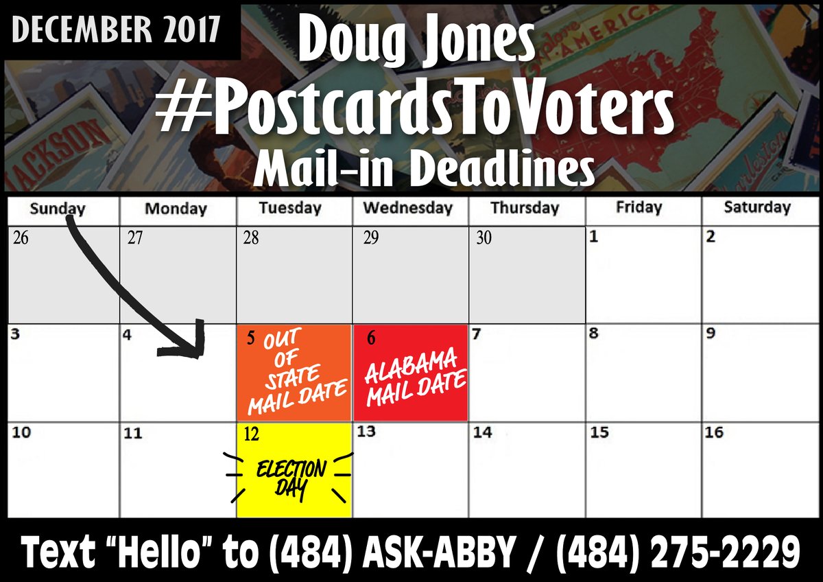 SallyDeal4's tweet image. Tonight&apos;s batch of #PostcardsToVoters /#Postcards4Doug ... because it&apos;s SO IMPORTANT that #Alabama elect #DougJonesForSenate on Dec. 12!

You can also join via email: Join@TonyTheDemocrat.org

#DigDoug #ALSen
There&apos;s few days left for writing - check the calendar ⬇️