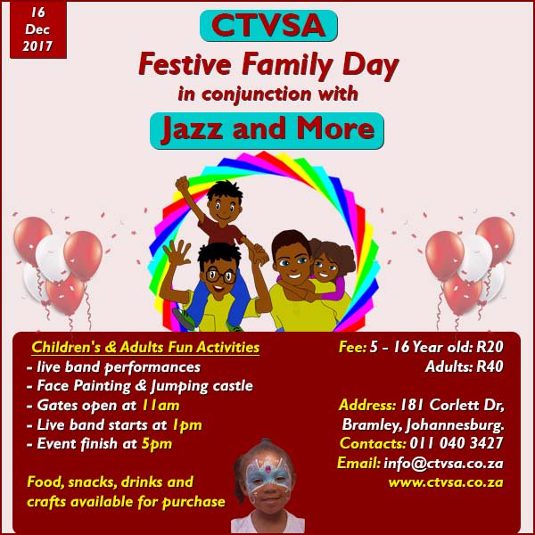 ctvsouthafrica's tweet photo. We invite you to attend the inauguration of βCTVSA Festive Family Dayβ organised by CTVSA in Partnership with @JazzandMoreSA, which is scheduled to be held on the 16 December 2017 at the @profoundcentre, Johannesburg. #ctvsa #festive https://t.co/OOlCTxFfqn