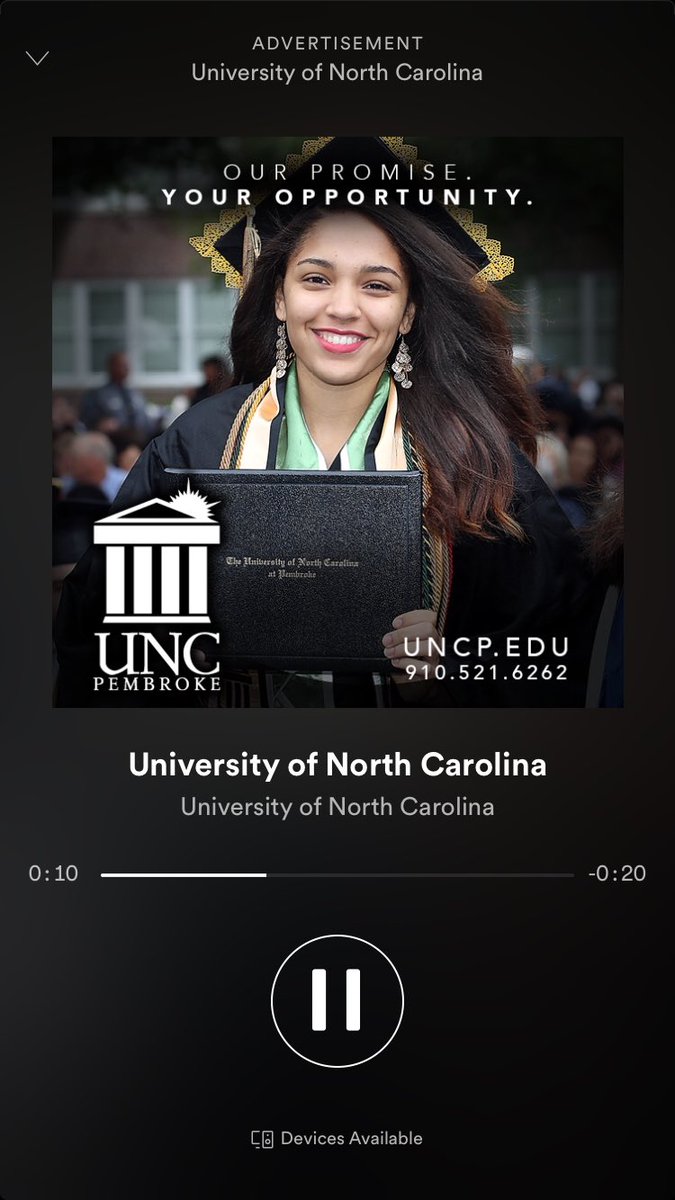 Common #UNCP in #Spotify ads! An ad that I like! #NCPromise coming soon! Keep on listening to the 🎼sound🎧 of that! 😎
