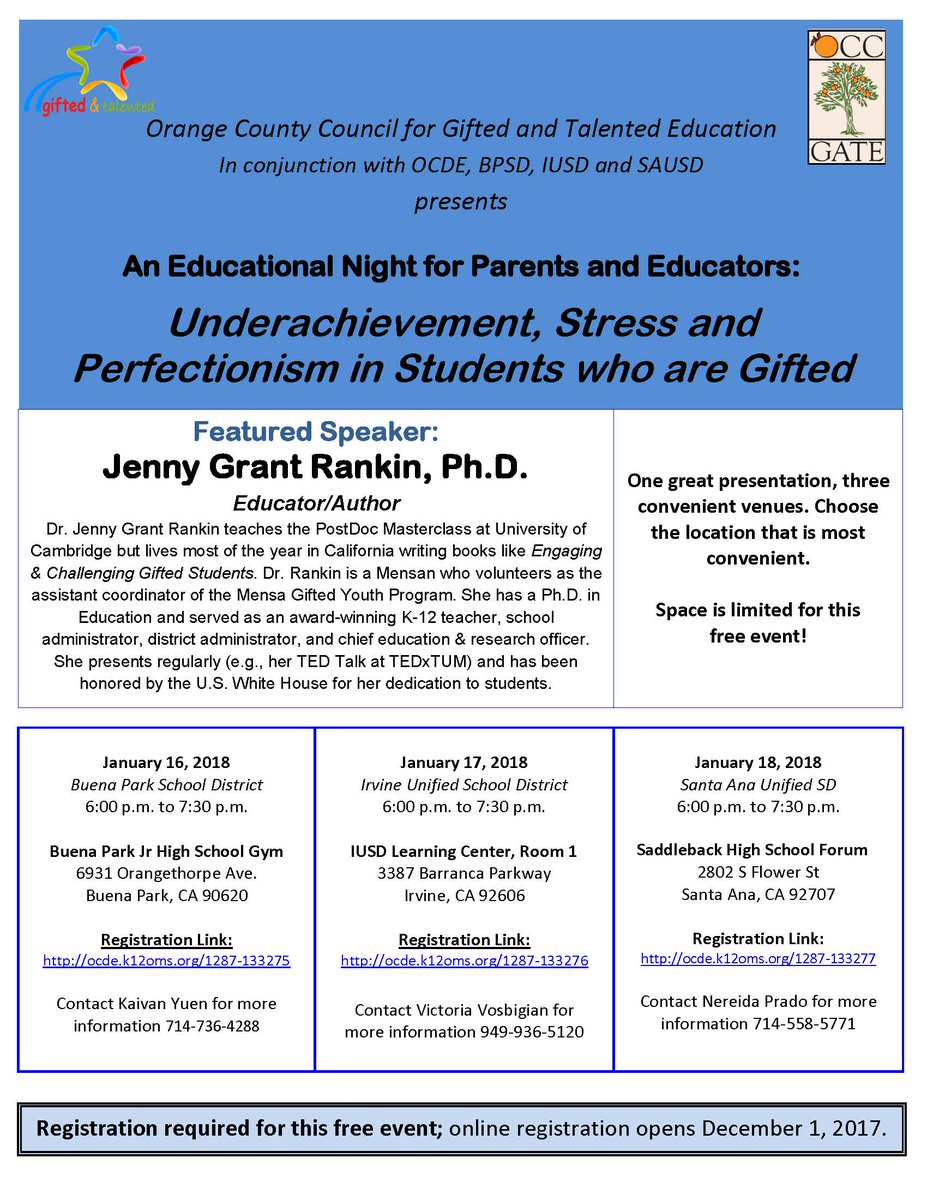 GATE_Parents's tweet photo. Here is a free education night for parents (and teachers):
Underachievement, Stress and Perfectionism in Students who are Gifted. See flyer for registration details! https://t.co/2856me6cdE