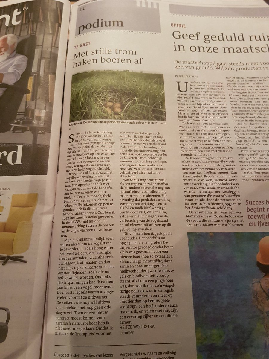 Goed stuk van boer Reitze Woudstra uit Lemmer in de LC. Precies de reden waarom steeds meer boeren de moed opgeven voor de weidevogels.
