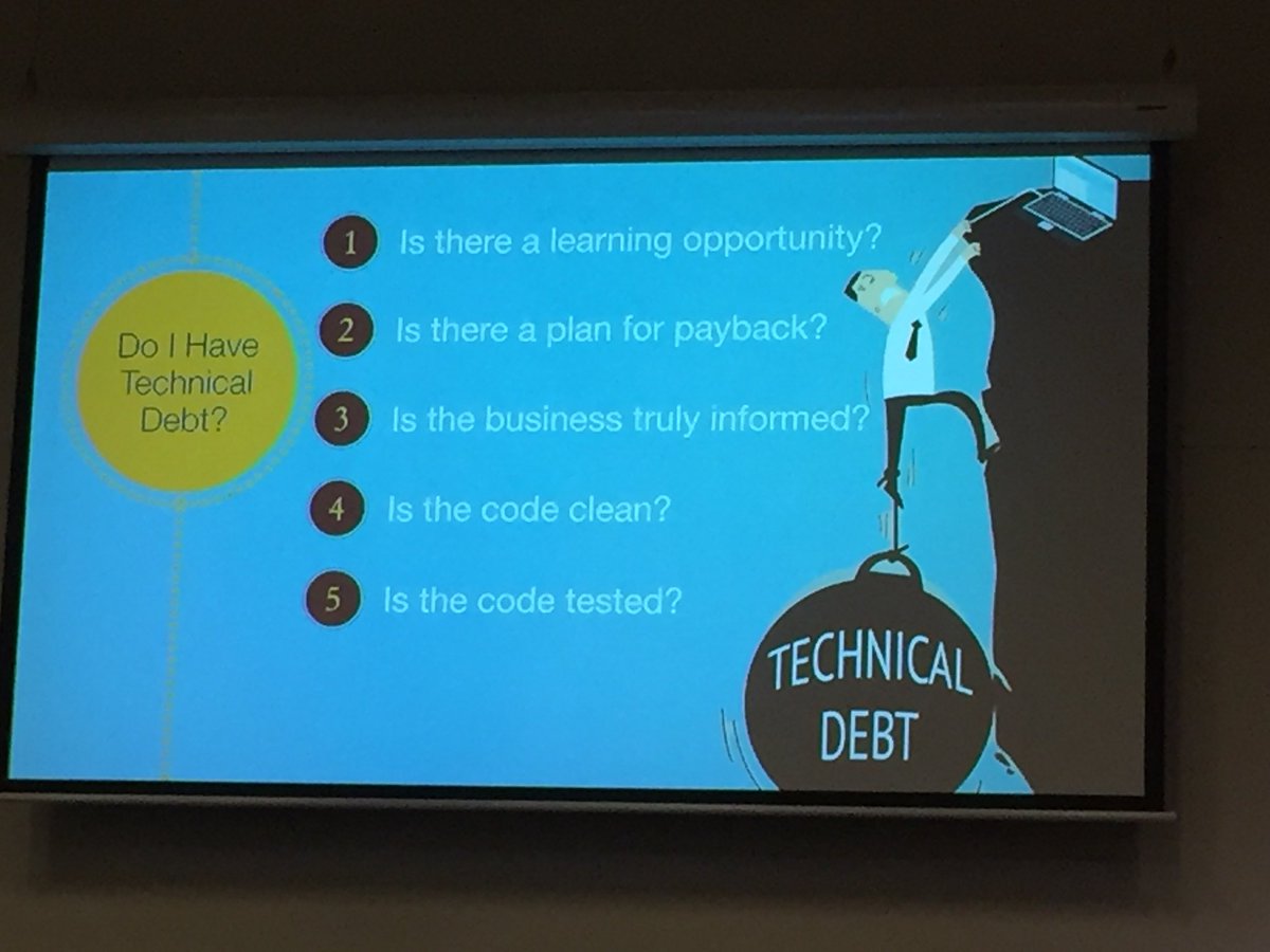 HamstaaVFerret's tweet photo. Simple questions to defining if you have technical debt vs cruft by @DocOnDev #yow17 https://t.co/as8EuKIApL