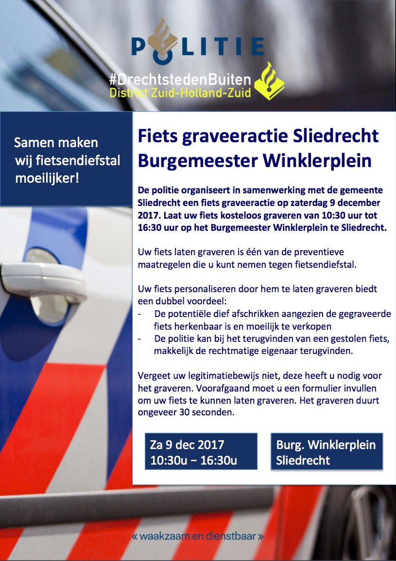 Pol_Ruitenberg's tweet photo. In de strijd tegen #fietsendiefstallen organiseren we in samenwerking met @Sliedrechtgem voor de inwoners van #Sliedrecht op zaterdag 9 december een #fietsgraveeractie! Komt u ook gratis uw fiets laten graveren? 🚲👮🏼 
Zie voor meer info en/of aanmelden: https://t.co/yvCPJeAcjL https://t.co/yq9G4ITpNg