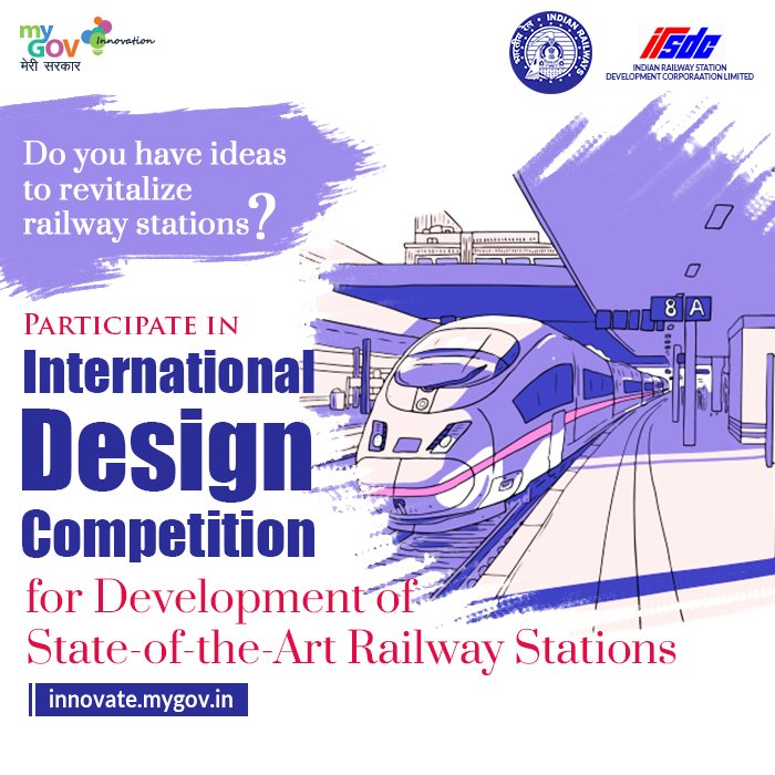 mygovindia's tweet photo. A unique opportunity for architects &amp; designers to help @RailMinIndia redesign &amp; revamp Railway Stations!  Participate in International Design Competition for Development of state-of-the-art Railway Stations &amp; win exciting rewards!   https://t.co/uZhlqSbFQC https://t.co/h6fCSp1GuB