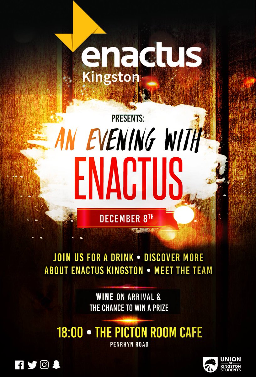 EnactusKU's tweet photo. Good morning #KingstonUni!
Join us on Friday for: An Evening with #EnactusKU.
An opportunity to discover more about us, meet existing members and learn about upcoming projects. 

📍The Picton, Penrhyn Rd
📆Friday, December 8th 2017
⌚18:00
🍷Wine on arrival
#Enactus #EnactusUK https://t.co/1RxztWIr2s
