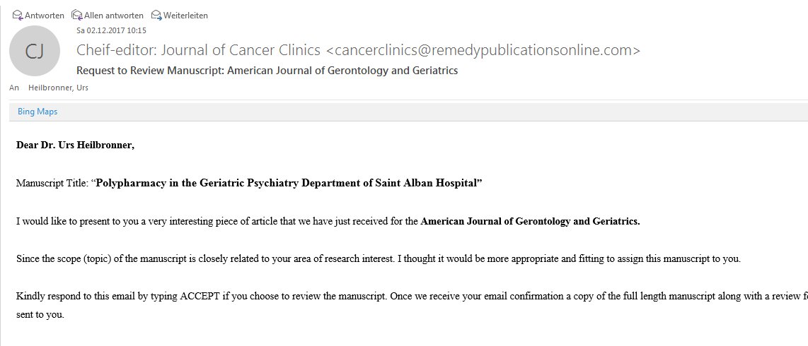 UHeilbronner's tweet image. I have just received requests to review the same article for two different open access journals. Also, both emails have spelling errors in the email sender address. #fakejournal