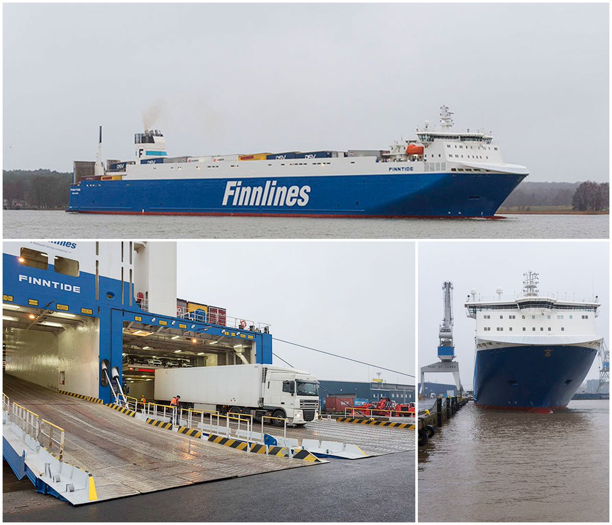 PortOfTurkuFI's tweet photo. Photos taken yesterday; MS Finntide, @finnlines_group's first extended vessel, was loaded in West Harbour for the first time. #Finntide #cargotraffic https://t.co/4E1xbxwpde