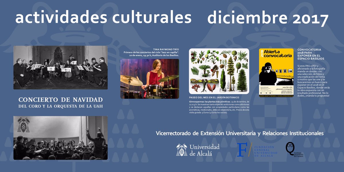 Programa de actividades culturales de la <a href="/UAHes/">Universidad Alcalá</a> para diciembre: #cine #música #publicaciones #exposiciones y mucho más. Consulta la oferta y ¡participa! bit.ly/1pXtxWP 
<a href="/FGUAes/">Fundación General de la Universidad de Alcalá</a> <a href="/iq_humor/">IQ de las Artes del Humor</a>