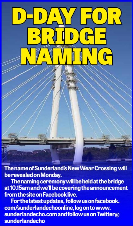 SunderlandEcho's tweet photo. Today's the day we find out the name of the new bridge in #Sunderland! Tune in with us https://t.co/JyUzXk9Jlr to find out what it is #namethebridge https://t.co/WYXOPDkL2v
