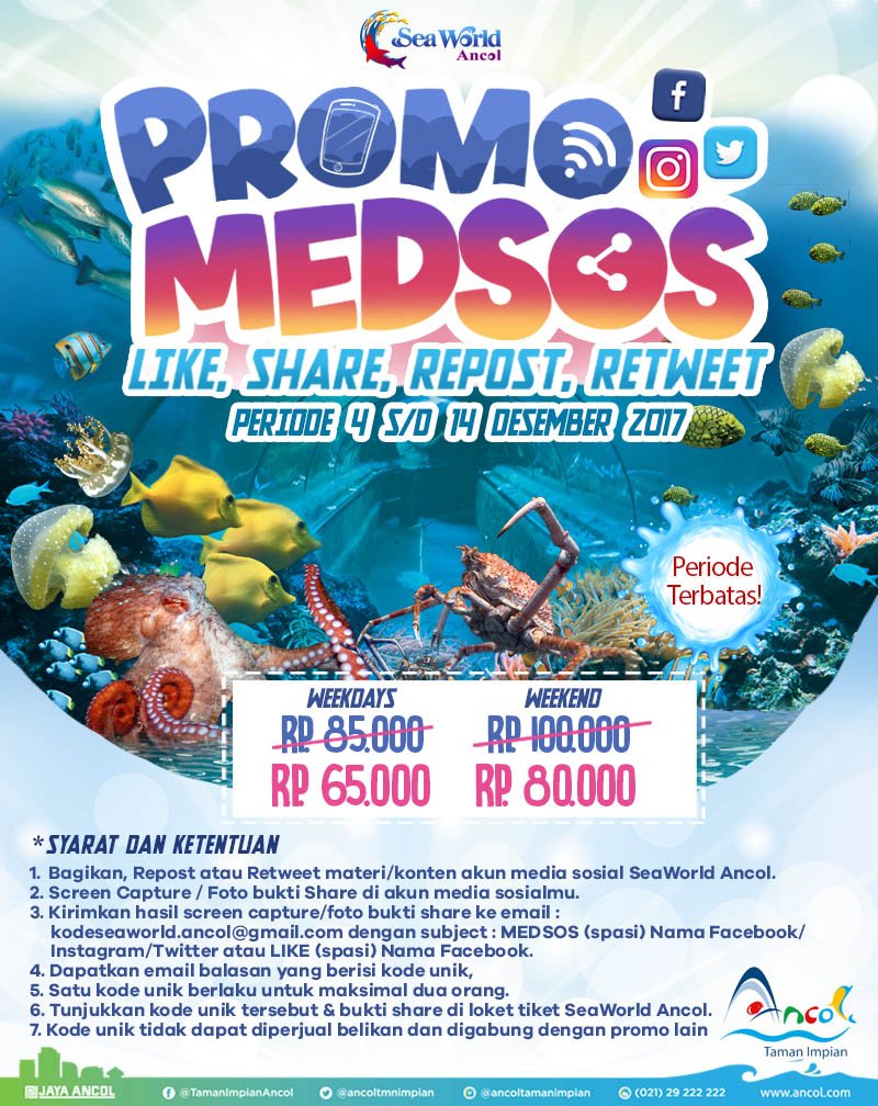 Hai sahabat laut! Promo MEDSOS khusus untuk sahabat yang akan berkunjung ke SeaWorld di tanggal 4 – 14 Desember 2017 cek di ancol.com/promo