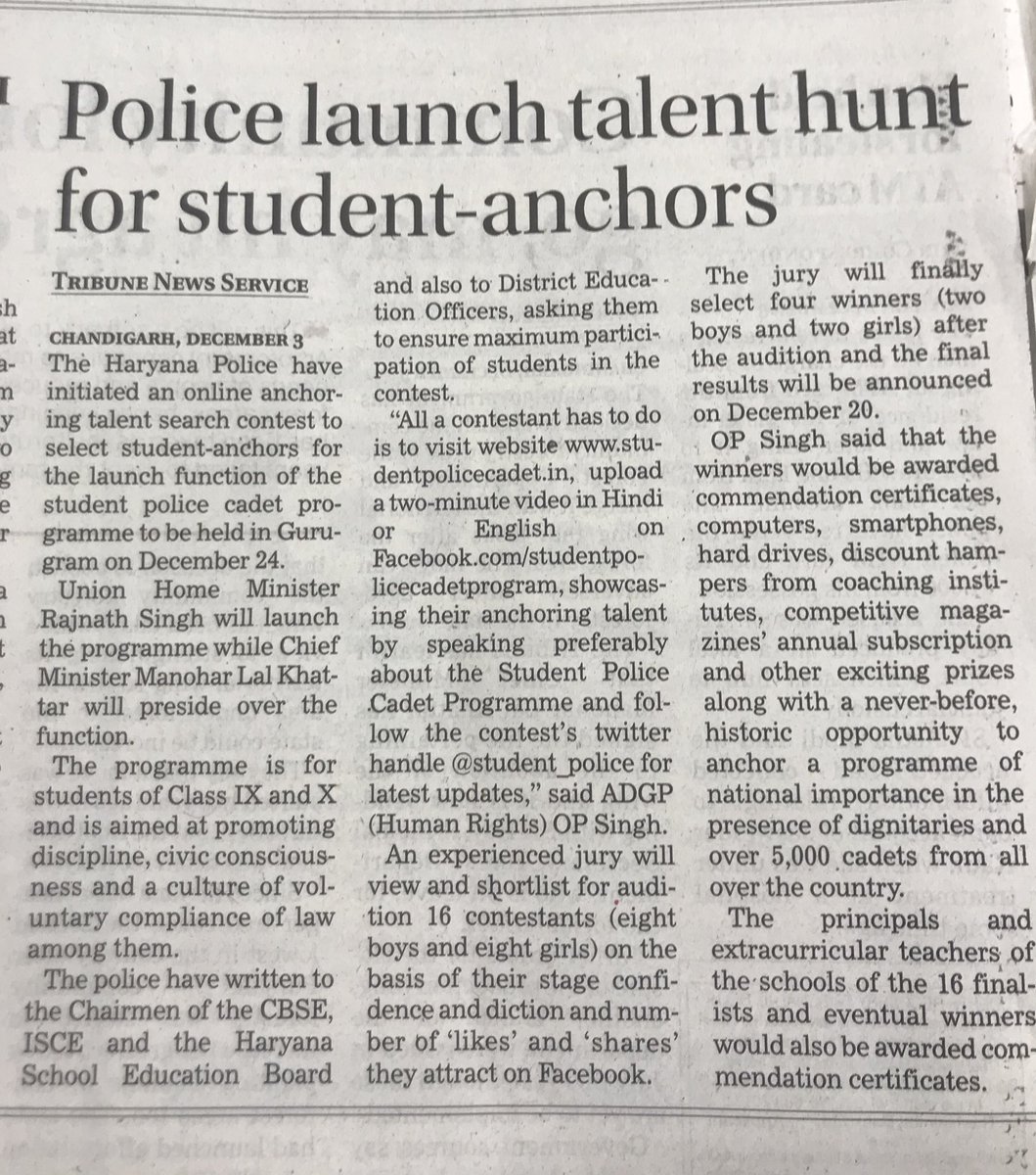 student_police's tweet photo. @rajnathsingh @KirenRijiju @mlkhattar A unique initiative to let students anchor the launch function of student police cadet program at Gurugram on 24 Dec 2017. https://t.co/hGyAsmMPqL