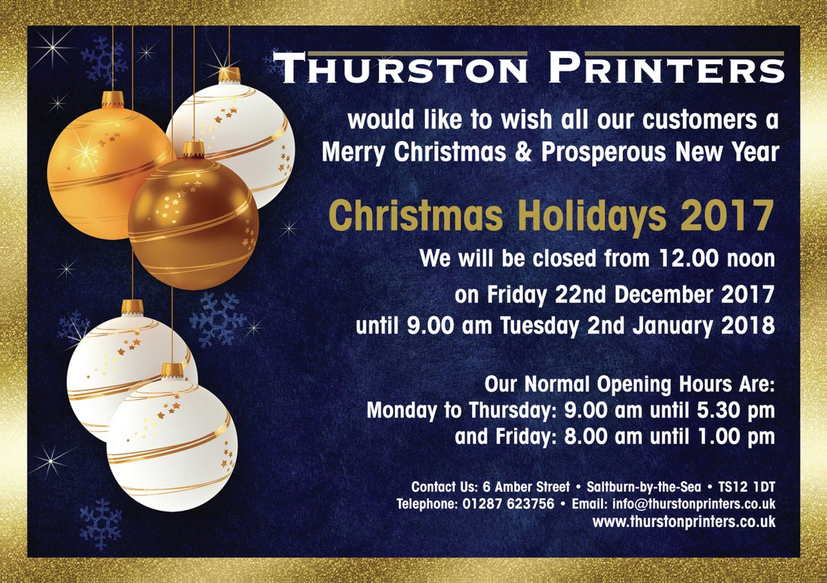 ThurstonPrint's tweet photo. Here are our Christmas opening times for 2017, still plenty of time
if you need anything printing in time for Christmas. #Christmas #Printing #Saltburn #NorthEast https://t.co/6sMt8D2ThF