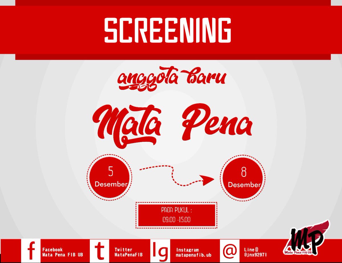 Bagi teman-teman yang ingin mendaftar, tetapi belum mengambil formulir, langsung saja datang ke sekretariat bersama Mata Pena untuk mengisi formulir dan mengikuti screening.