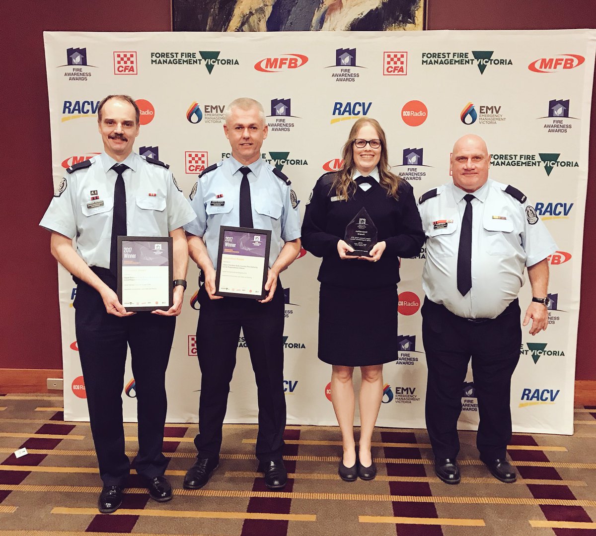 vicfireawards's tweet photo. The Innovation award goes to Upper #FerntreeGully Fire Brigade 🏆👏 for an engaging video series covering info from preparing a household plan to understanding fire risk, school closures &amp; community alert sirens. The series helps residents take more effective action #FAA2017 https://t.co/jcHv5Z4vP5