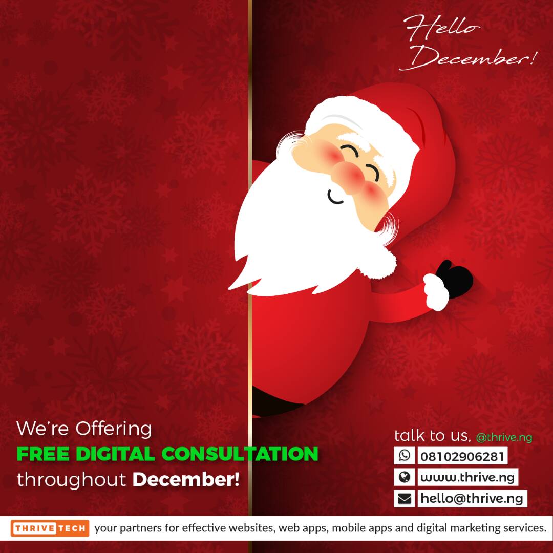 Thrivetech_ng's tweet image. Good morning guys.
We&apos;re offering free digital consultations through out December for all businesses.
#ThriveTech #Entrepreneurs #Business #Tech