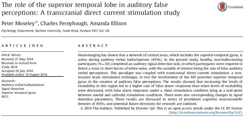 DurhamPsych's tweet photo. From @ellison_brain, @cfernyhough & @pmoseley89 "The role of the superior temporal lobe in auditory false perceptions : a transcranial direct current stimulation study." #ReadItFree here: https://t.co/91lQpzGNlY @DROdurham https://t.co/w6NCTmIEP6