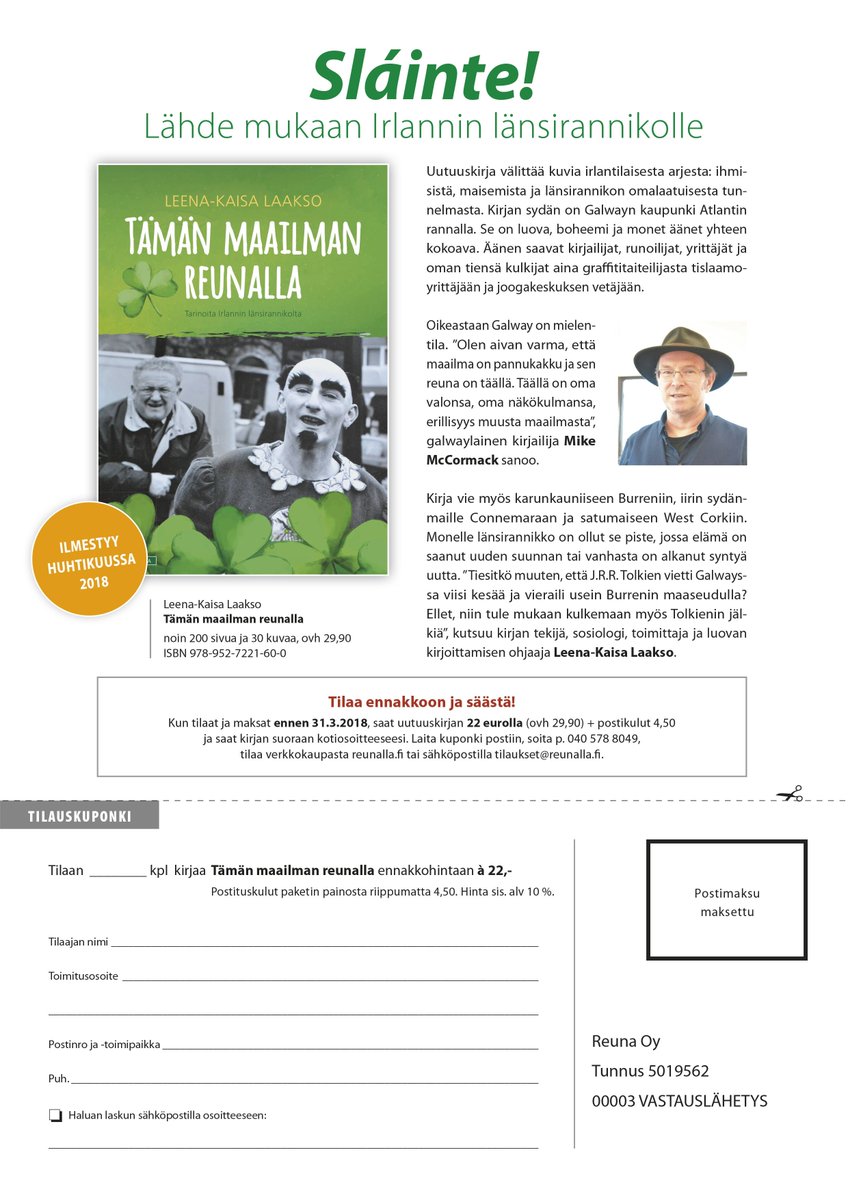 Keväällä ilmestyvä Irlanti-kirjani nyt ennakkotilattavissa!!
Irlantilaisia nykykirjaijoita, tuulentuivertamia pikkukyliä ja Euroopan reunan tunnelmia! Mukana myös juttua iirin kielestä, Tolkienista ja merilevästä :-)
#irlanti #kirjallisuus #matkat #iiri #Ireland