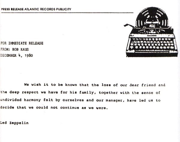 Evocador's tweet image. Hoy hace 37 años Led Zeppelin anunciaban su disolución tras morir su baterista John Henry «Bonzo» Bonham después de beber 40 chupitos de vodka.