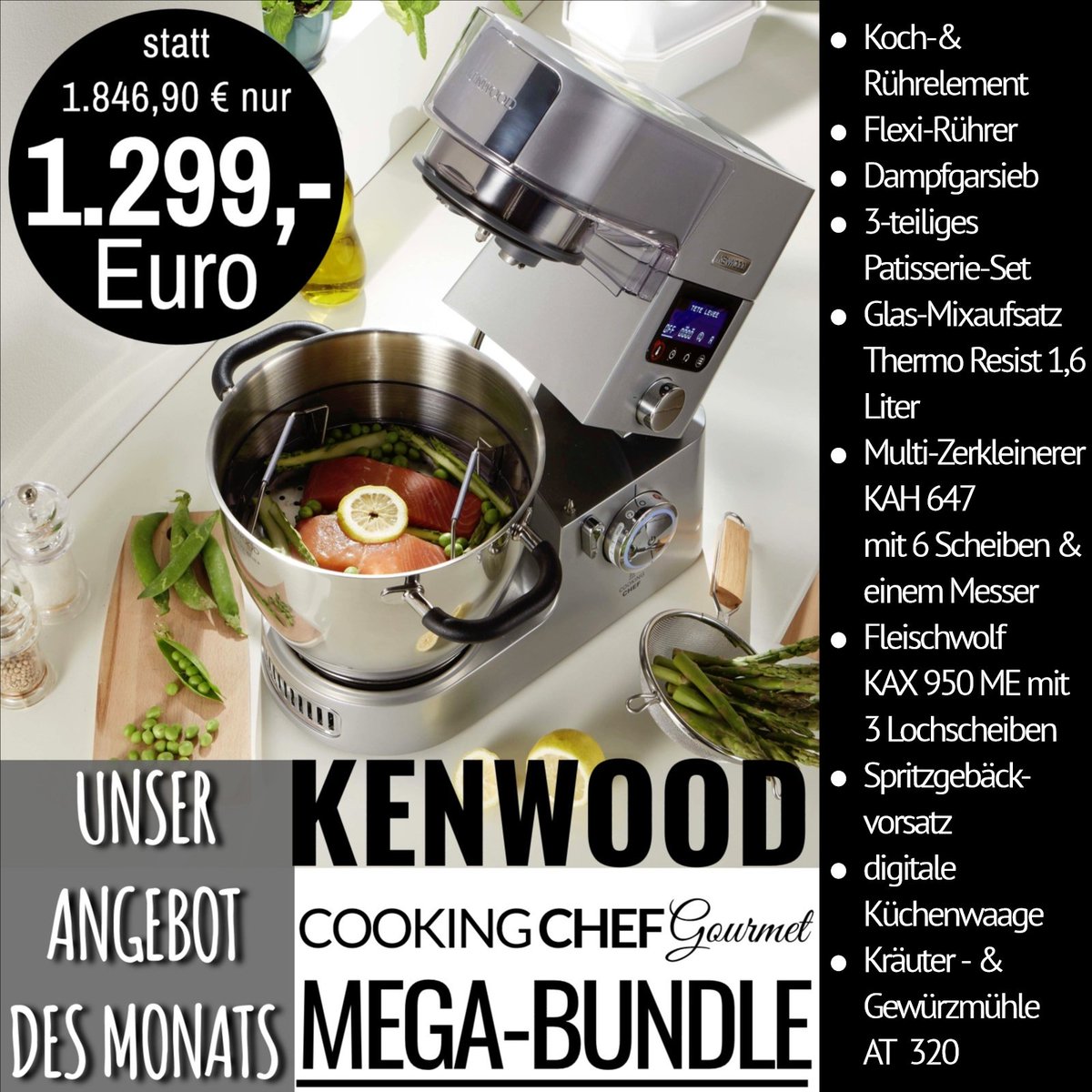 Greiner1794's tweet photo. UNSER ANGEBOT DES MONATS: Das Kennwood Gourmet Küchenmaschinen  Mega-Bundle. Die Kenwood KCC9040S Cooking Chef Gourmet inkl.  Zubehör-Artikeln für unschlagbare 1.299,- EURO https://t.co/JRm7o99QVX