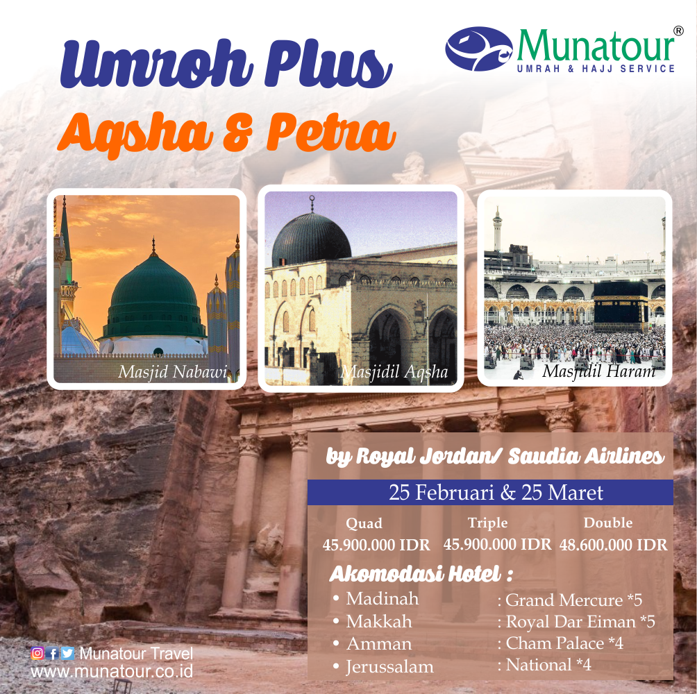 Munatour_Travel's tweet photo. #Umrah Plus #Aqso & #Petra 12 Hari PP,
Berangkat : 25 Februari & 25 Maret 2017. By Royal Jordan / Saudia Airlines
Harga Mulai 45.900.000 IDR
Info #Haji & #Umroh hubungi 021-7822292, 0812 8408 3311 atau klik https://t.co/MbpbvC4HIi https://t.co/OS7EkVL2Tg