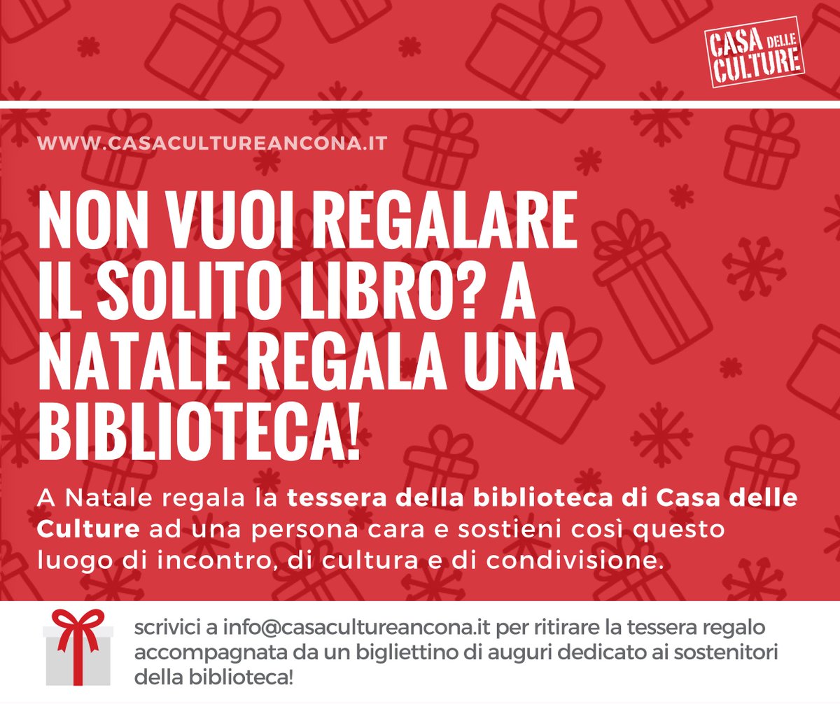 se non vuoi regalare il solito libro a Natale, REGALA UNA BIBLIOTECA 🎁
SOSTIENI LA BIBLIOTECA DI CASA DELLE CULTURE REGALANDO LA TESSERA, un invito a scoprire e a vivere questo luogo di cultura importante per la città
info: bit.ly/2AqaYsj 
#ancona #news #natale2017