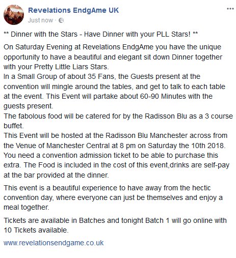 RevEndgameUK's tweet image. ** Information Regarding the unique experience of the Dinner with the Stars Saturday Night! ** #pllcon revelationsendgame.co.uk