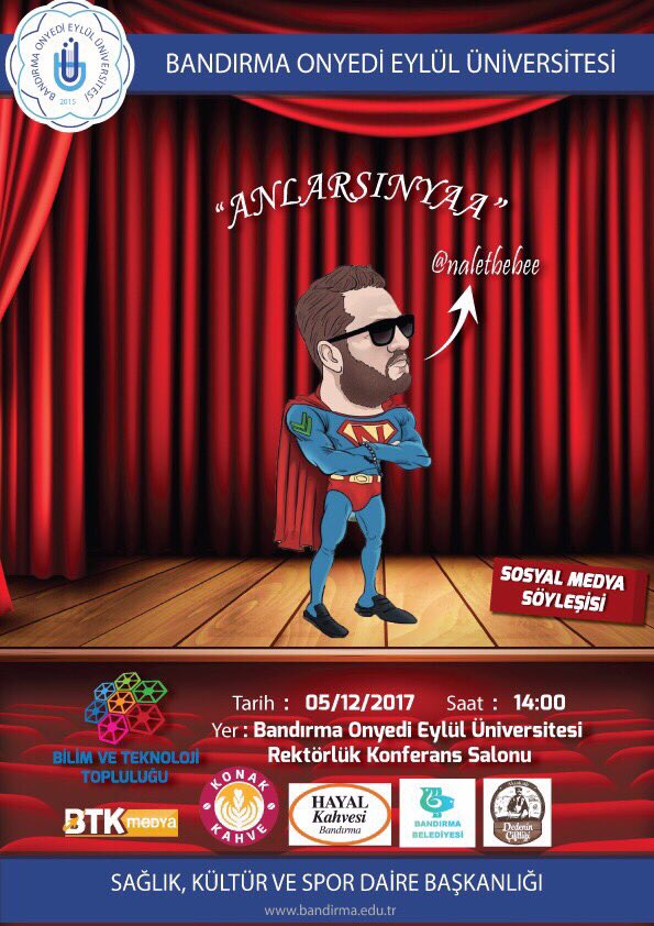 "BAŞLIYORUUUUZZZ"📣📣

📅 05/12/2017
🕑 14:00
📍Bandırma Onyedi Eylül Üniversitesi Rektörlük Salonu
🛋🎙 <a href="/naletbebe1/">Naletbebe</a>