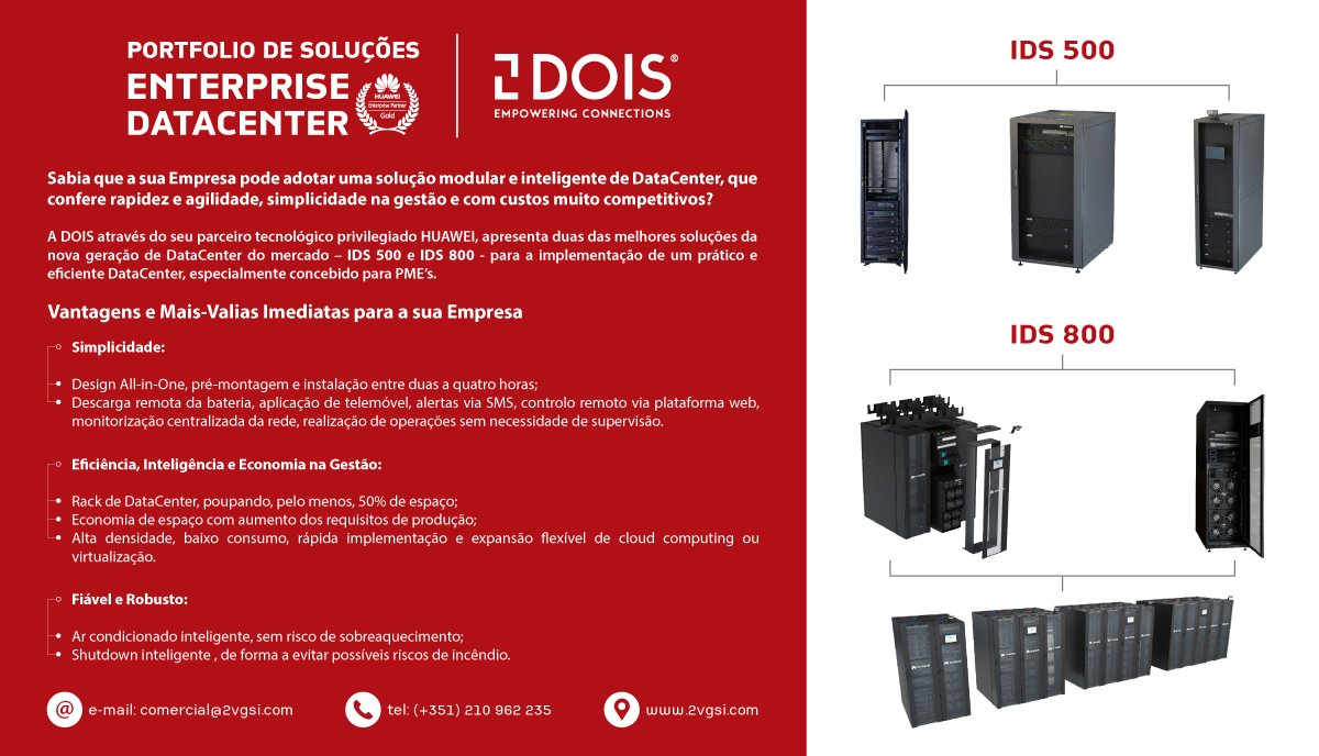 2VGSI's tweet image. Solução modular e inteligente de DataCenter: Nova geração de DataCenter da @Huawei - IDS 500 e IDS 800. Consulte a DOIS: + 351 210 962 235 | E-mail: comercial@2vgsi.com | @ 2vgsi.com @2VGSI