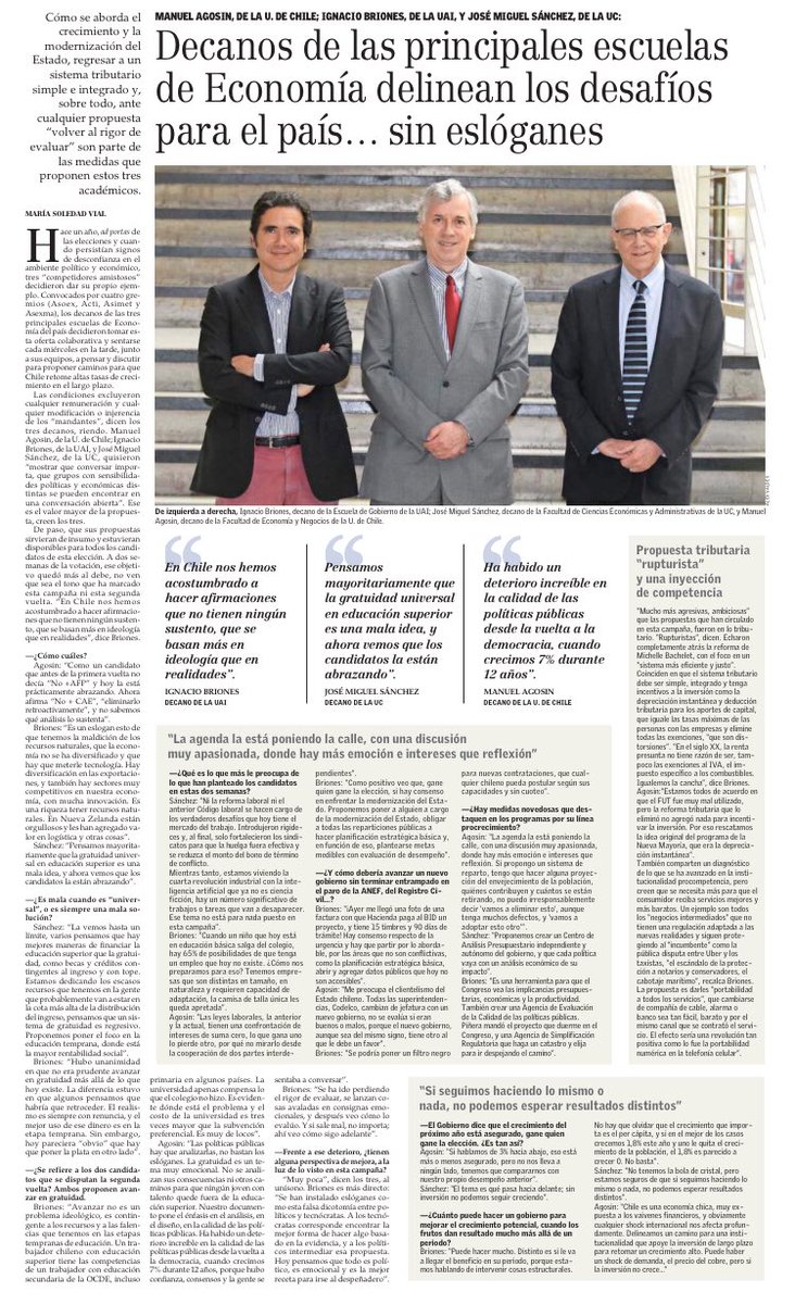 bernardolarrain's tweet photo. El debate electoral no es monopolio de la política.  Soc. Civil, academia y empresa debemos participar poniendo los temas que ponen a Chile en el camino del siglo XXI, y denunciando aquellos que nos alejan de él.  Hoy lo hacen 3 decanos de escuelas de economía/gobierno. https://t.co/vmTx0hVqzz