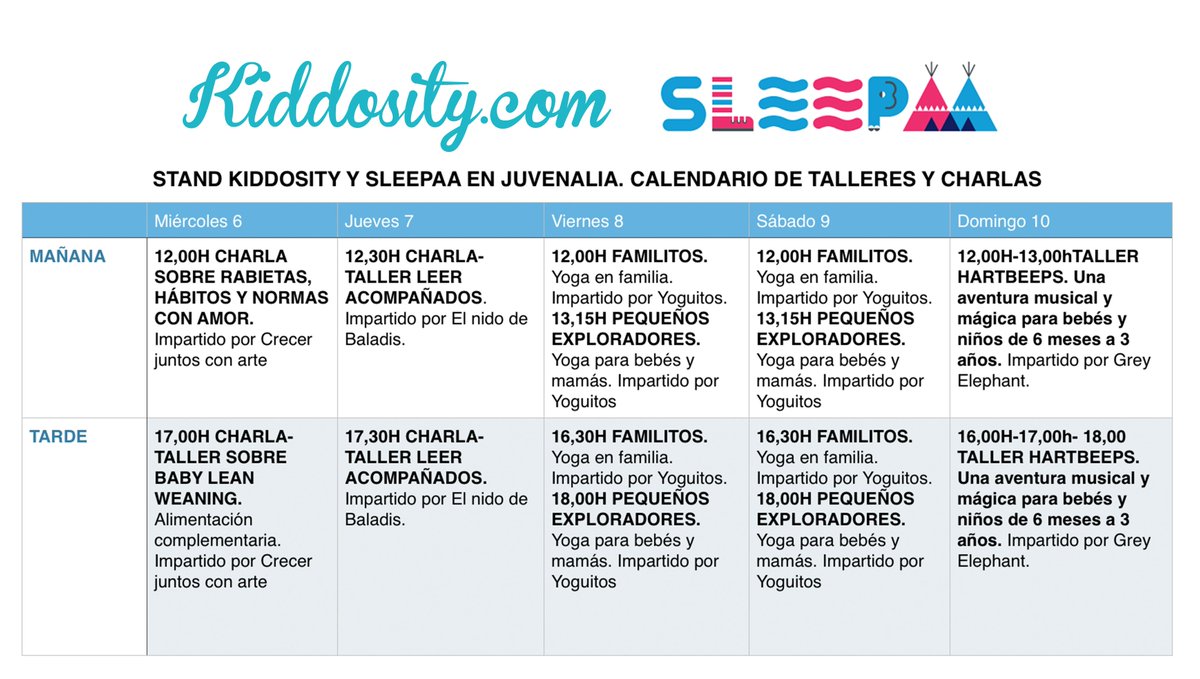 kiddosity's tweet image. A partir del miércoles a las 11,00h de la mañana estaremos listos en la BEBETECA de Kiddosity y @SleepAA_es en @JuvenaliaIFEMA. Con zonas de juego, zonas de descanso, charlas y talleres que no os podéis perder. Os dejamos horarios.