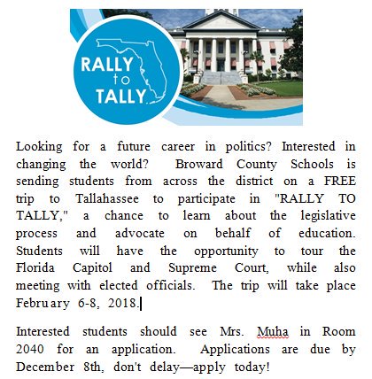flhs_magnet's tweet photo. The deadline for #RallytoTally is approaching!  Make sure to complete your application by Friday.  #FLHS #futurepoliticians #MondayMotivation #BeTheChange #lawgoals @flhsprincipal https://t.co/CSEswmDbaZ