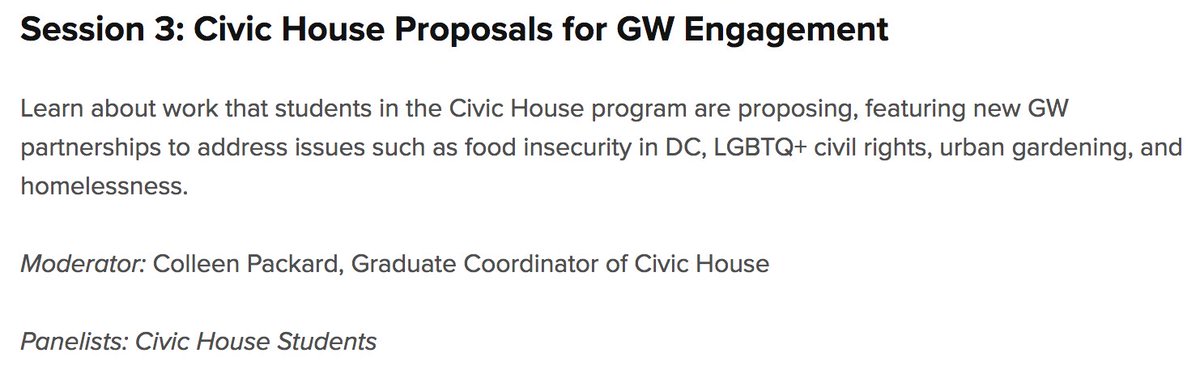 NashmanFaculty's tweet image. Our morning sessions (10:30 to 11:45 a.m.) are Direct Service as a Pathway to Engaged Citizenship, led by @amybc, Social Entrepreneurship in Community-Engaged Scholarship featuring Knapp Fellows @chloeking313 and @gayatrim16, and @GWCivicHouse Proposals for GW Engagement.