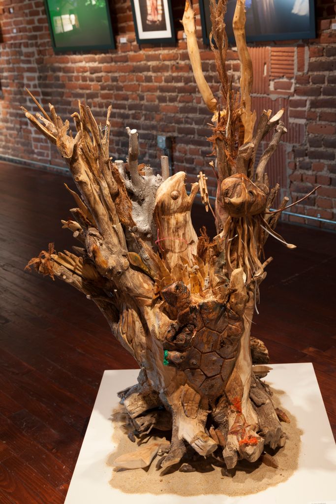Today is #WorldWildlifeConservationDay. We honor this day with Angie VanDyke's piece, 'Inadequate Protection,' made with various woods, found plastics, salvaged metal, and glass. See it in person Wed-Sun at #GlassWheelStudio Learn what you can do to help: tinyurl.com/y8rjgdf5