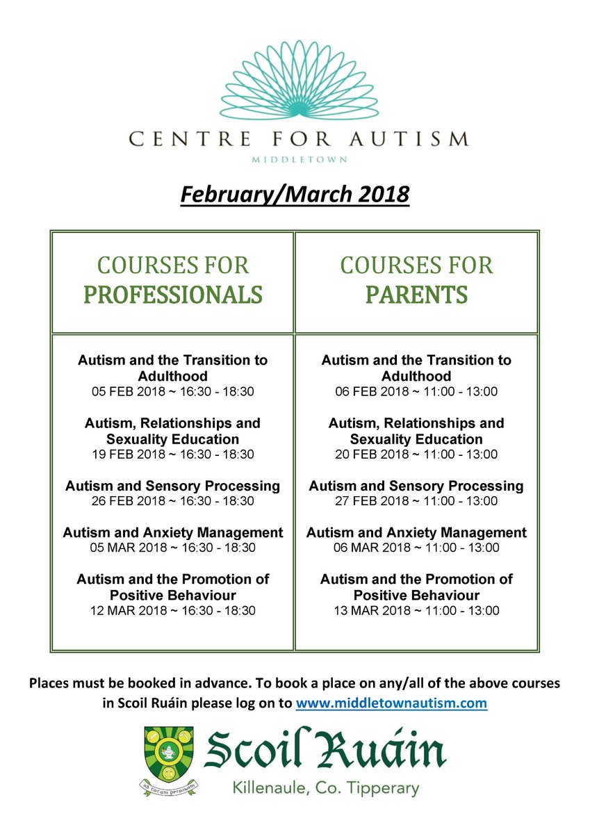 Excellent courses coming up for parents and professionals provided by <a href="/autismcentre/">Centre for Autism</a> in <a href="/ScoilRuain/">Scoil Ruáin</a> next Feb/March 2018. Book your place now at middletownautism.com