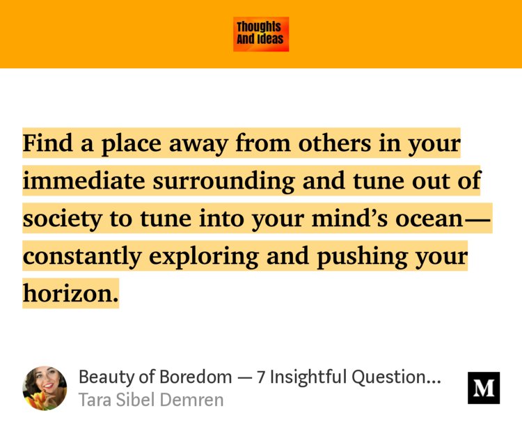 “…Find a place away from others in your immediate surrounding and tune out of society to tune into your mind’s ocean — constantly exploring and pushing your horizon.” from “Beauty of Boredom — 7 Insightful Questions to Ask Yourself” by Tara Sibel Demren.