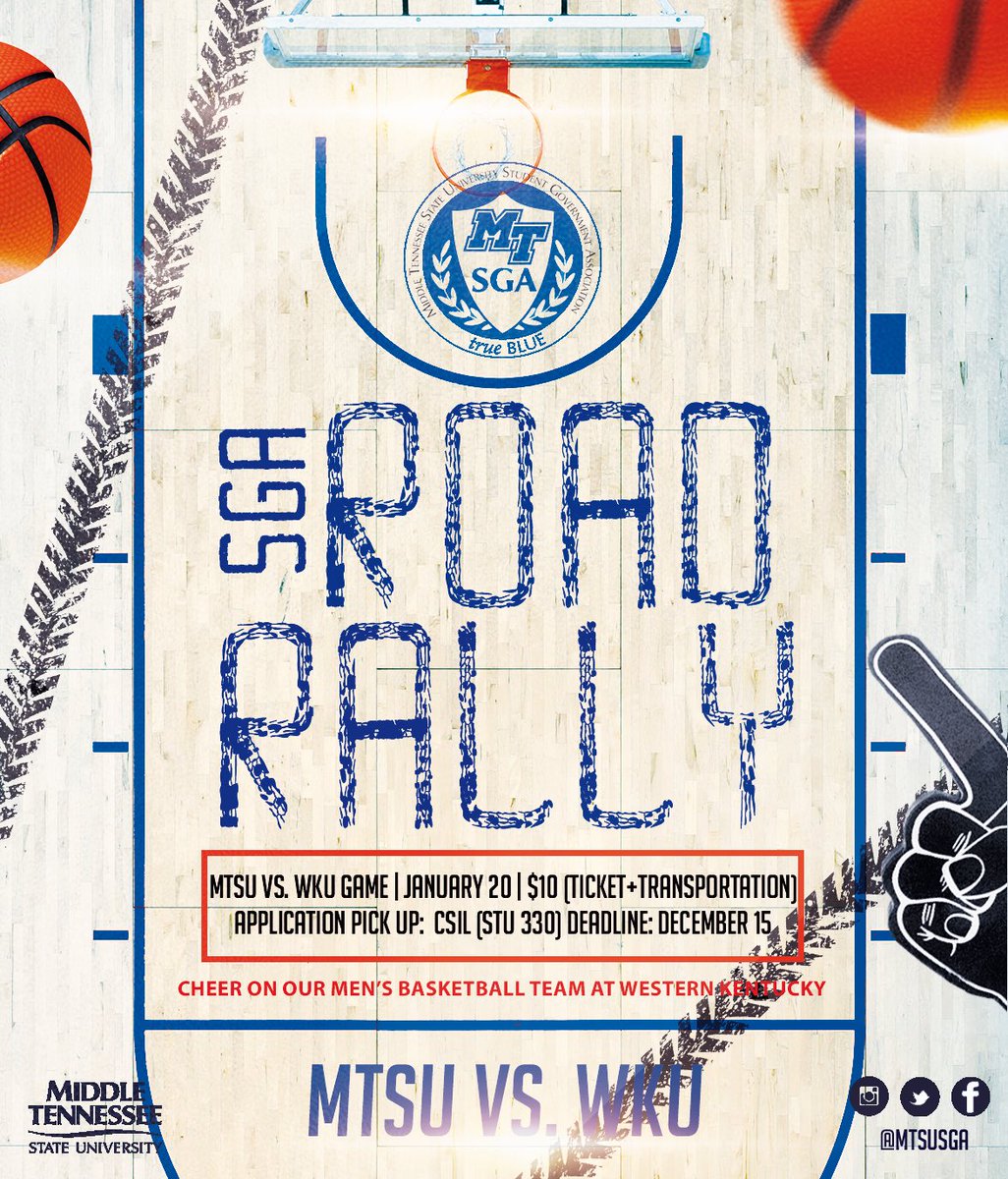 MTSUSGA's tweet photo. IT’S ROAD RALLY TIME! 🚨⚡️On January 20, come join your Student Government Association (SGA) as we watch the MTSU Blue Raiders Men’s Basketball team take on the WKU Hilltoppers in Bowling Green, Kentucky! 🏀 #MTRoadRally2K18 https://t.co/N9RmSMWode