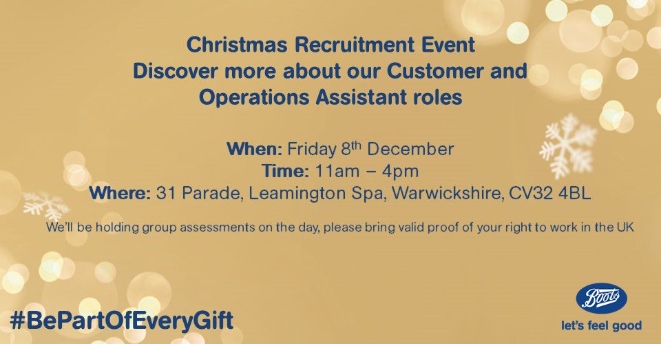 Sherrie_Yellop's tweet photo. Something exciting is coming to our #LeamingtonSpa store on Friday! Come and see the @Boots_Jobs team at our recruitment event and find out why spending Christmas at Boots is fantastic in more ways than one! #ChristmasJobs #BePartofEveryGift https://t.co/xEH8TBYnBY