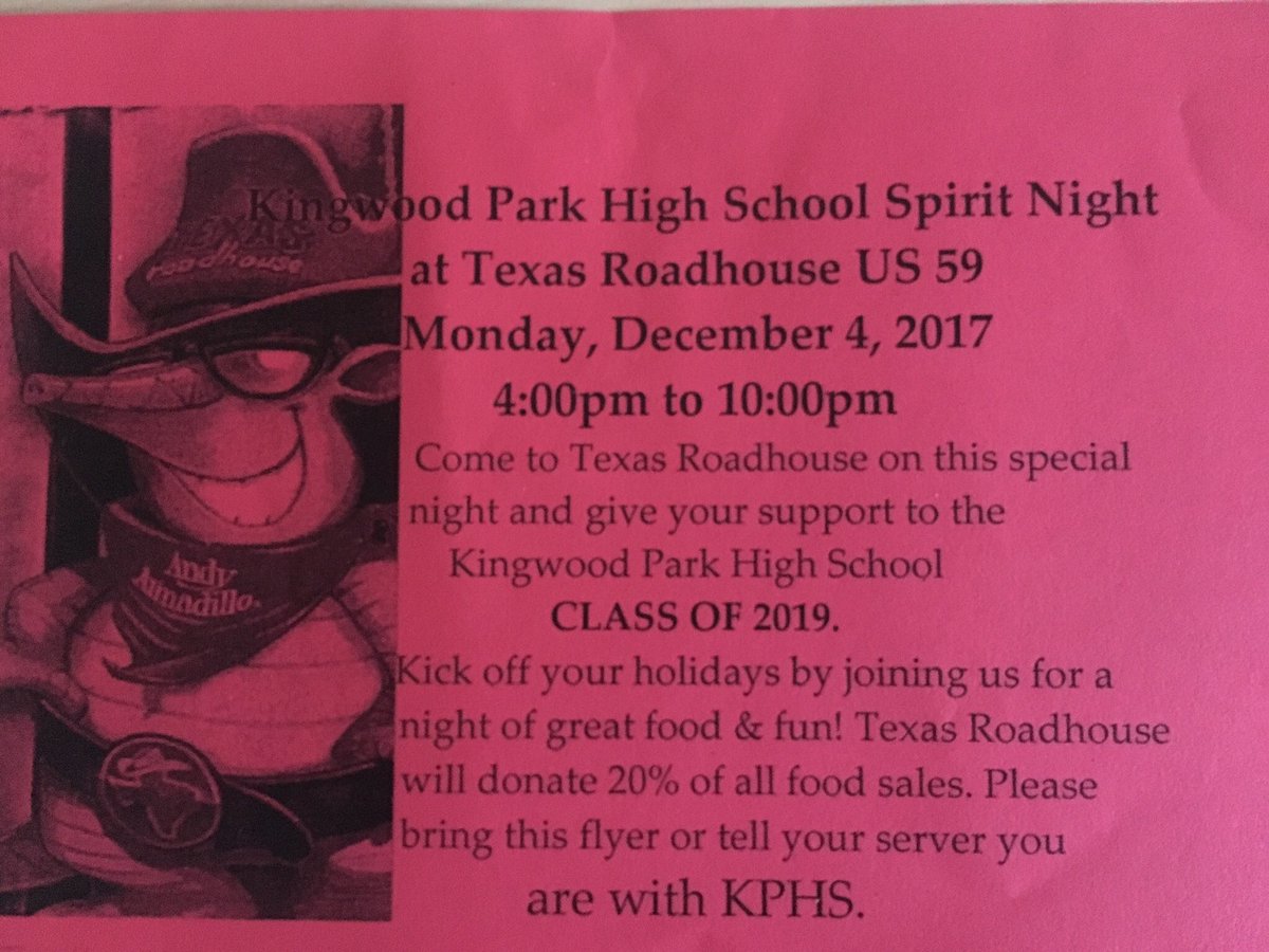 kphs2019's tweet photo. Come out to Texas Roadhouse TONIGHT from 4pm-10pm to support the class of 2019!! Tell your server you’re from kpark!!! @HumbleISD_KPHS @KPSTUDENTS @kp_stuco https://t.co/g4mOgQVnPE