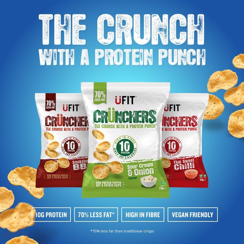 UfitDrinks's tweet photo. We are very excited to introduce new ÜFIT Crunchers!

10g protein per bag
High in Fibre
70% less calories than traditional crisps
Available in 3 flavours Sour Cream, Thai Sweet Chilli &amp; Smokey BBQ!
Suitable for Vegans (Excluding Sour Cream)

Shop now at https://t.co/Bl5y6ORCip https://t.co/yck9B4yGdI