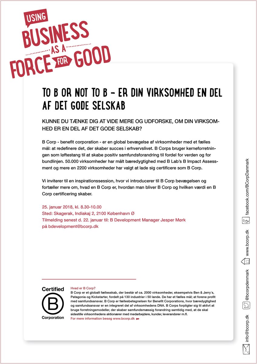 Den 25. januar 2018 lægger vi hus til @bcorpdenmark's første udgave af "to B or not to B" - hvor du kan høre mere om, hvad en <a href="/BCorporation/">B Lab</a> er og hvilken værdi det kan tilføre din virksomhed, planeten og samfundet. #Bthechange #bcorp