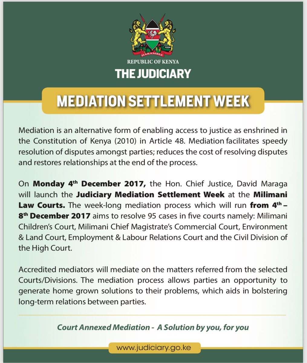 dkmaraga's tweet photo. Welcome to our Judiciary Mediation Settlement Week Dec 4 - 8, 2017, Milimani Law Courts.  Karibuni sana. https://t.co/7iiZCA4HrA