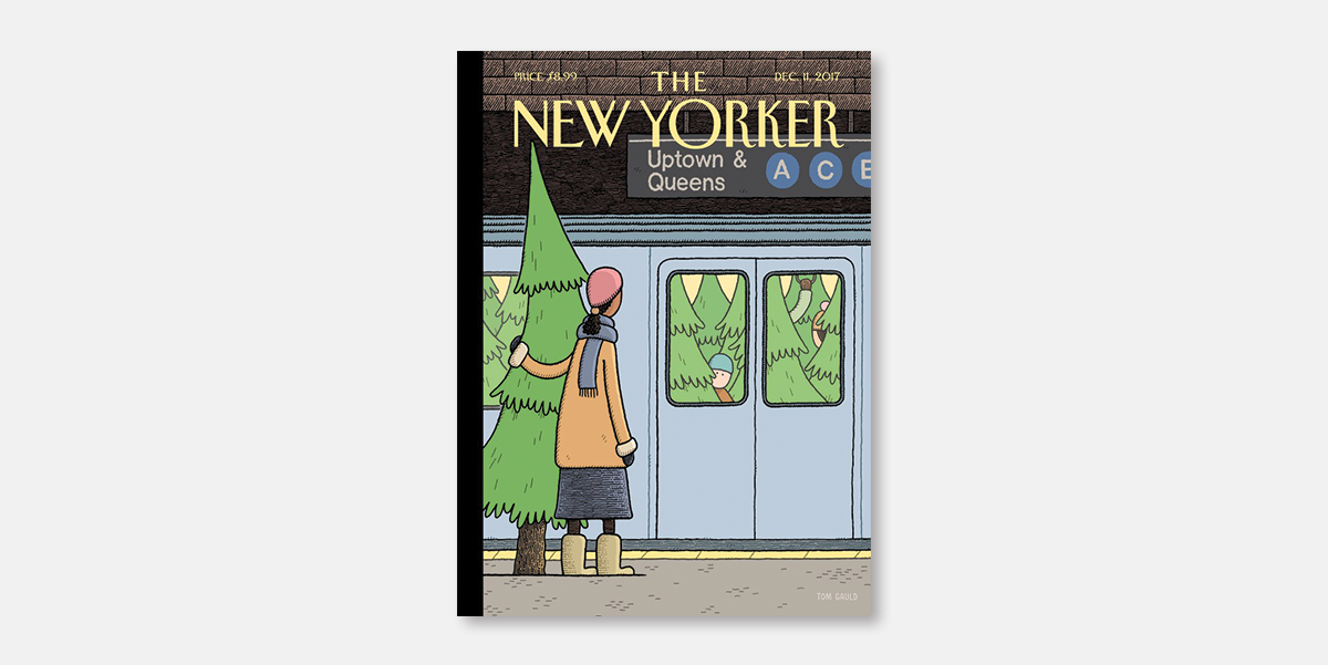 NewYorker's tweet photo. “Going past vacant lots filled with large Christmas trees, I have often wondered how people take them home,” @tomgauld, the artist behind this week’s cover, “Holiday Track,” says: https://t.co/KzwPySX2Pa https://t.co/0QVoCWBt2r