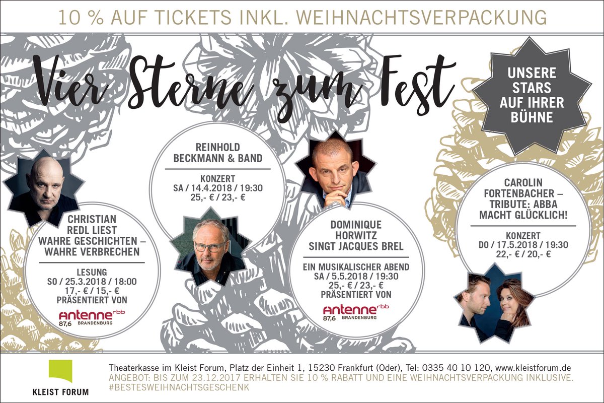 Noch auf der Suche nach einem #Geschenk? Wie wäre es mit unseren #Stars? Mehr Infos zu #Rabatten und #Gutscheinen gibt es an unserer Kasse!🎄🎁#bestesweihnachtsgeschenk #kleistforum #ChristianRedl #ReinholdBeckmann #CarolinFortenbacher #DominiqueHorwitz #lesung #konzert