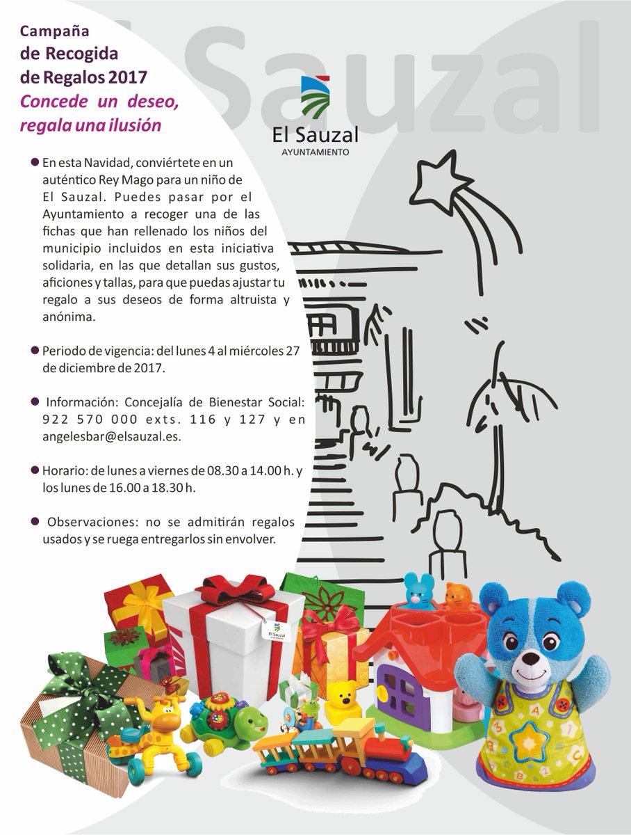 ¡El <a href="/AytoSauzal/">Ayto. El Sauzal</a> busca #ReyesMagos! Hoy comienza la campaña "Concede un deseo, regala una ilusión" para acercar la #Navidad2017 a los/as niños/as de <a href="/elsauzal/">elsauzal</a>.  Más info: bit.ly/2Byg837