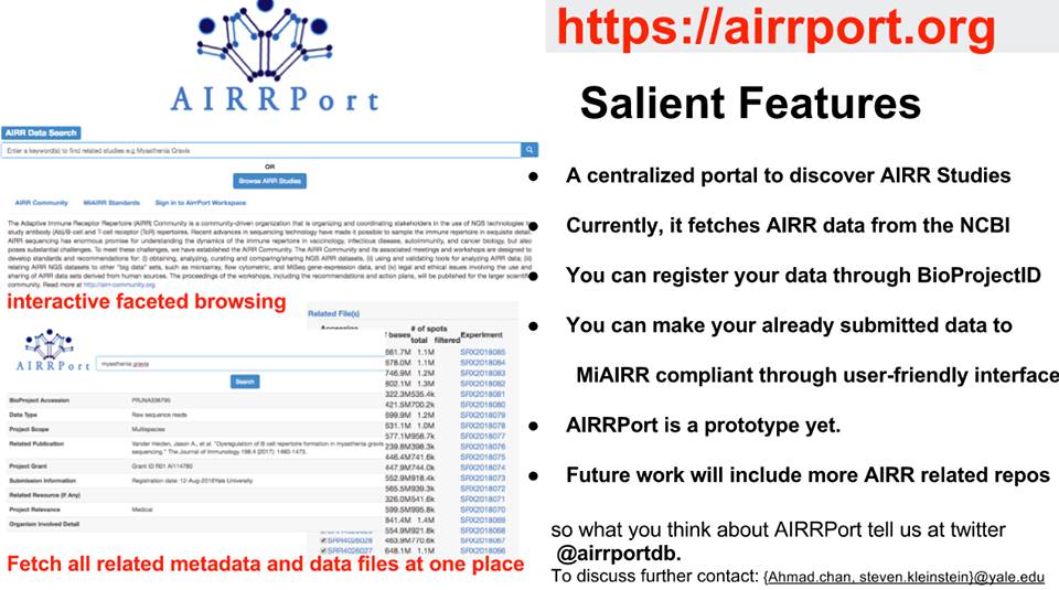 ahmadcbukhari's tweet photo. AIRRPort is an expedia to discover AIRR-seq studies #AIRR2017 @miairr https://t.co/GZW85kmOMT