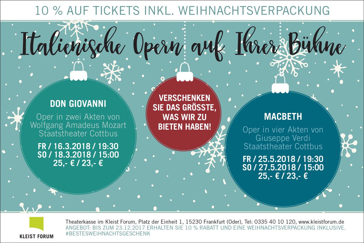Noch auf der Suche nach einem #Geschenk? Wie wäre es mit #Oper? Mehr Infos zu #Rabatten und #Gutscheinen gibt es an unserer Kasse!🎄🎁#bestesweihnachtsgeschenk #kleistforum #weihnachten